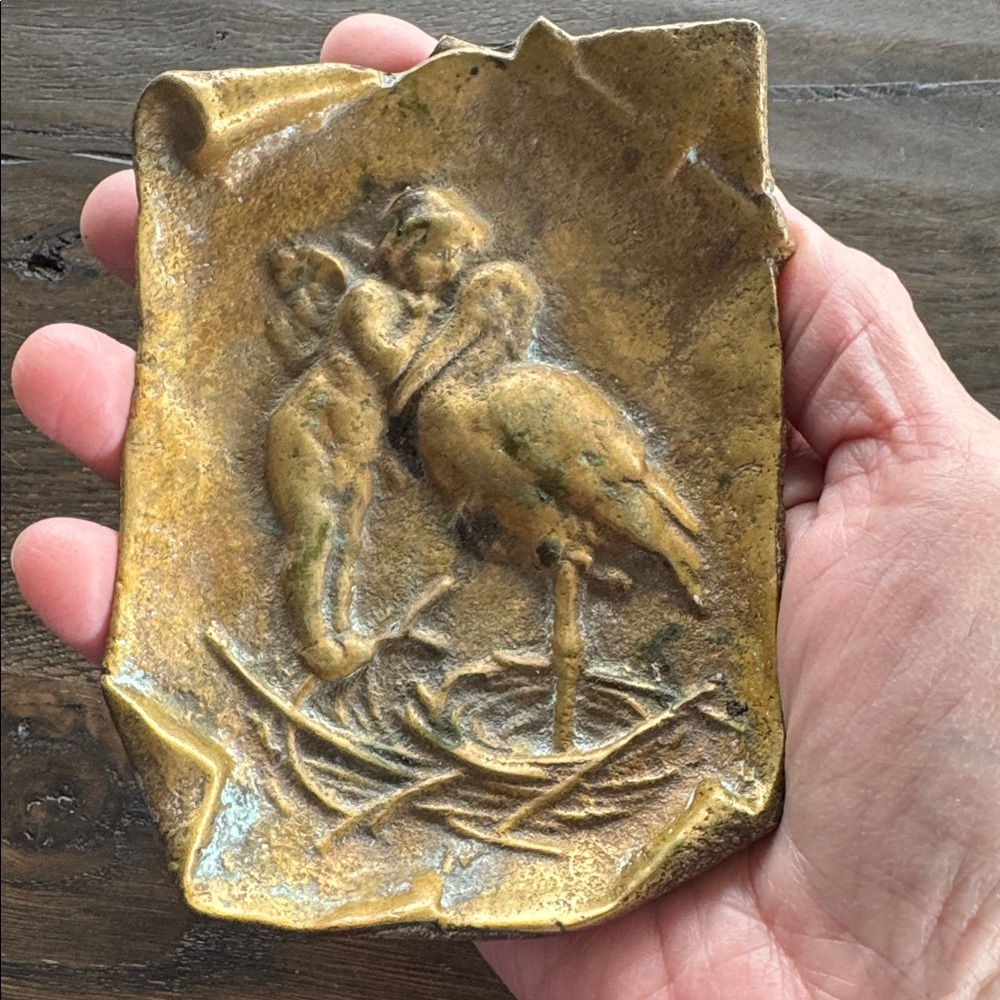 Vintage Brass Cupid with Stork Trinket Tray Art Nouveau Style - Picture 7 of 8